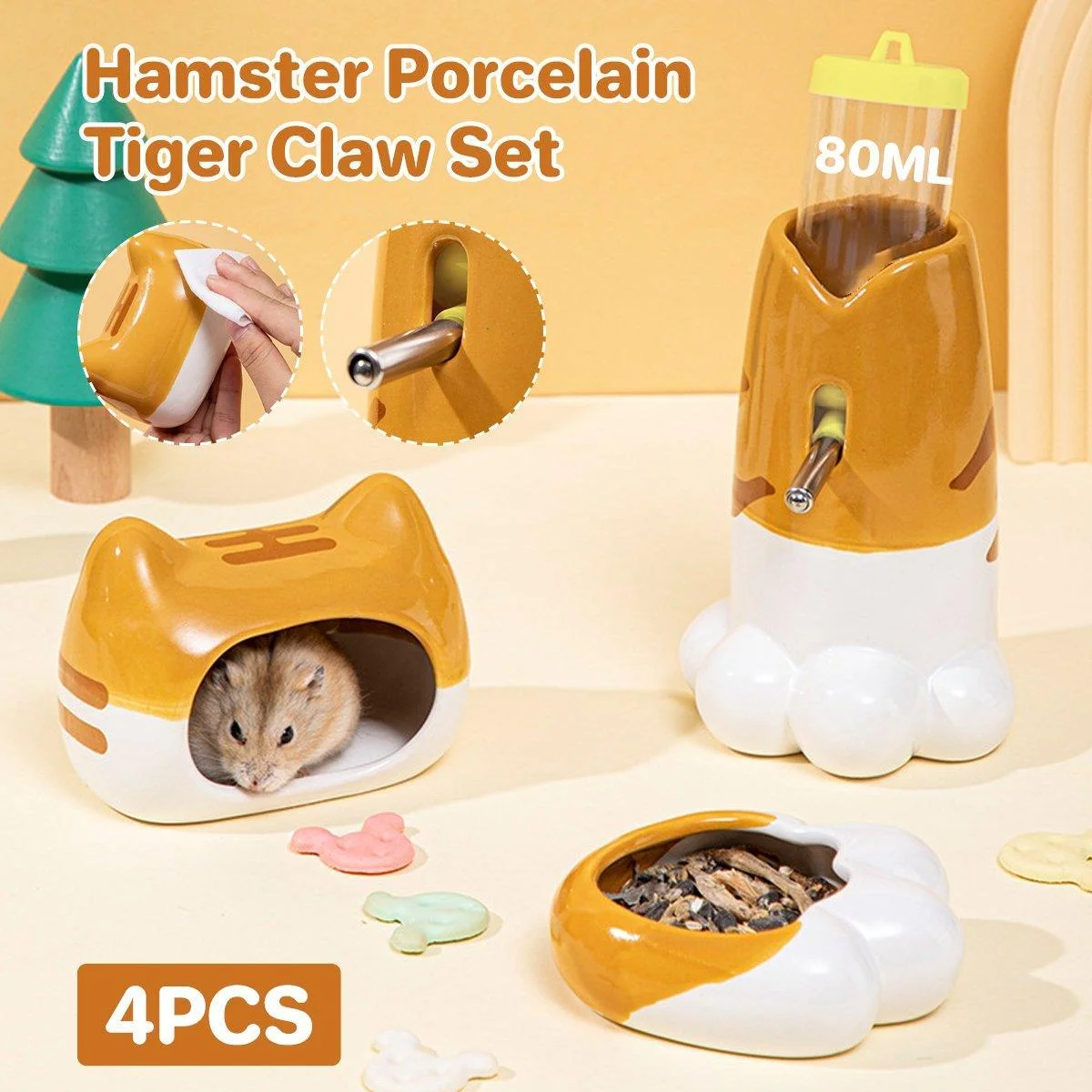 Hamster Porcelain Nest Escape House Tiger Head Bowl Claw Water Bottle Set