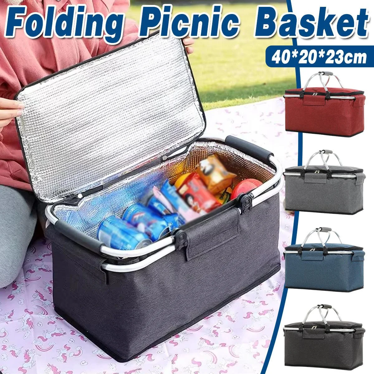 Folding Picnic Basket Insulated Cooler Bag Portable Outdoor Grocery Storage - Black