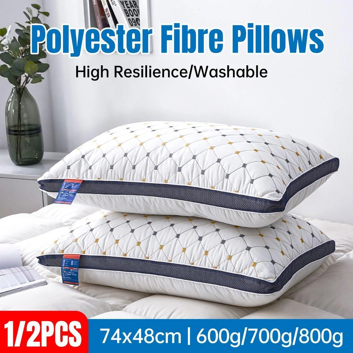1/2PCS Hotel Style Polyester Fibre Pillow Washable High Rebound Support - 600g