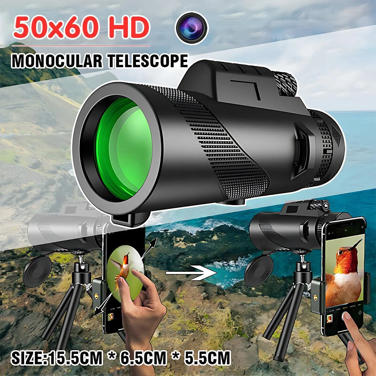 50x60 HD Monocular Telescope with Tripod and Phone Holder for Outdoor Travel