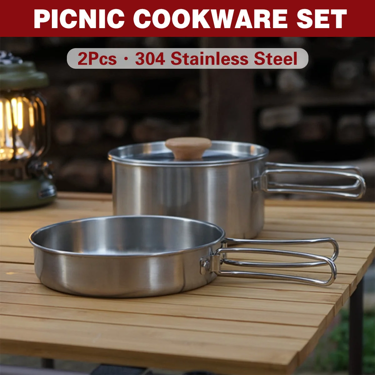 2PCS 304 Stainless Steel Camping Pot and Pan Set With Folding Handles Outdoor