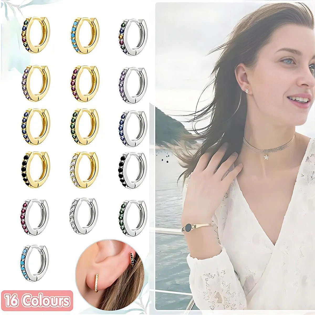 925 Sterling Silver Gold Rings Plated Cubic Crystal Cuff Huggie Hoop Earrings Au - Gold-Red Crystal