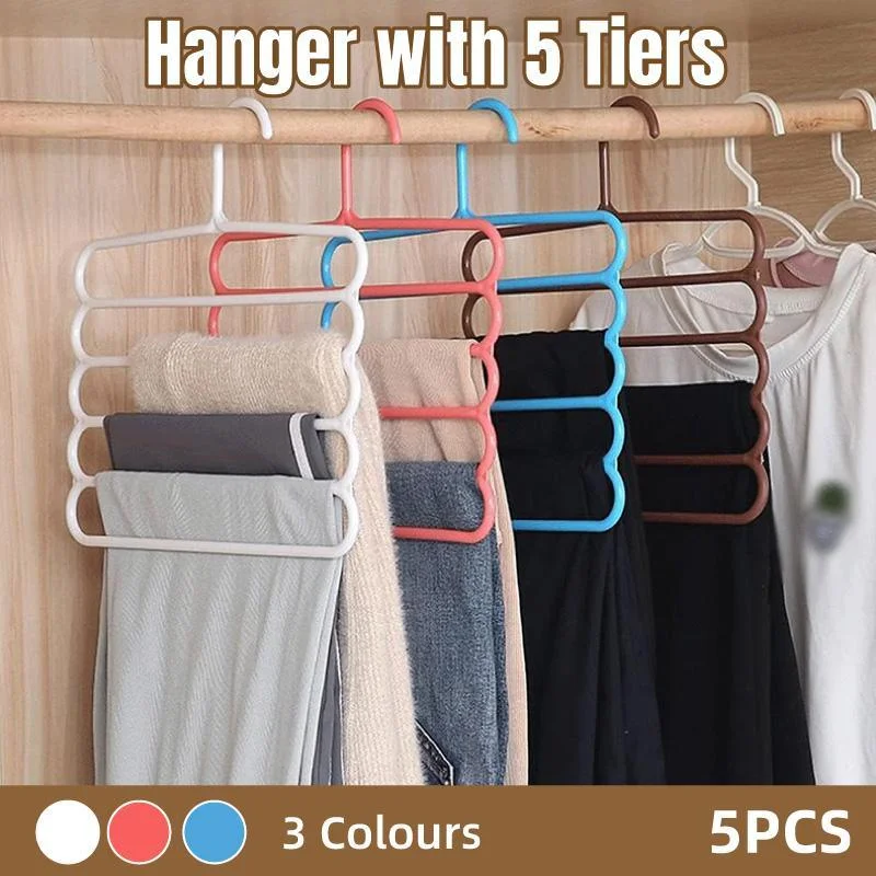 5pcs 5 Tier Trouser Rack Multifunctional Hanging Wardrobe Scarf Tie Hanger Set - Blue