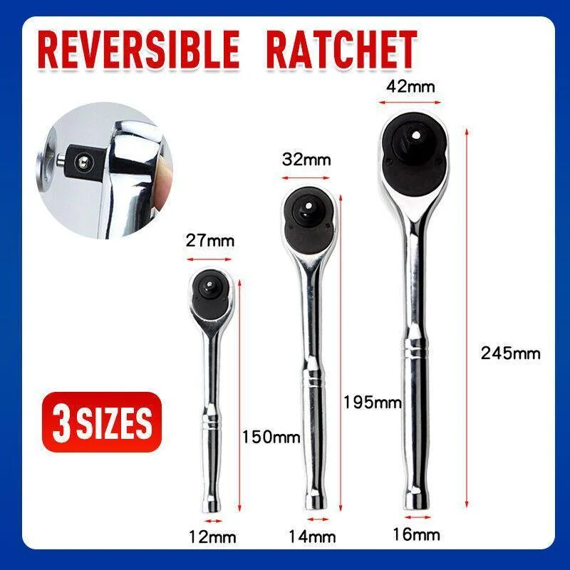Quick Release Ratchet Handle 1/4 inch 3/8 inch 1/2 inch Drive Reversible Socket Wrench - 16x245x42mm