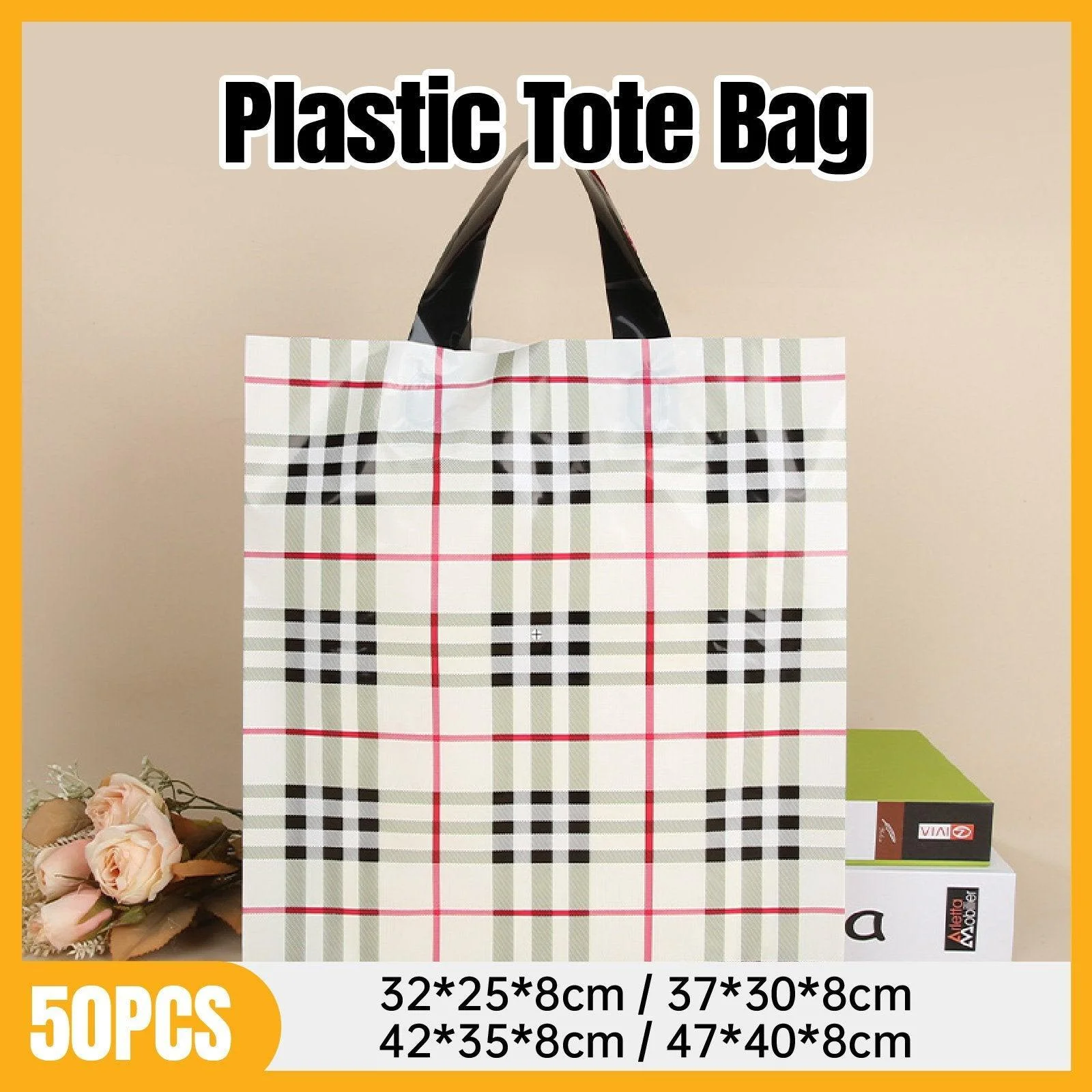 50x Reusable Plastic Tote Bag Eco Friendly Shopping Bags Durable Large Capacity - Red-Black 42*35*8cm