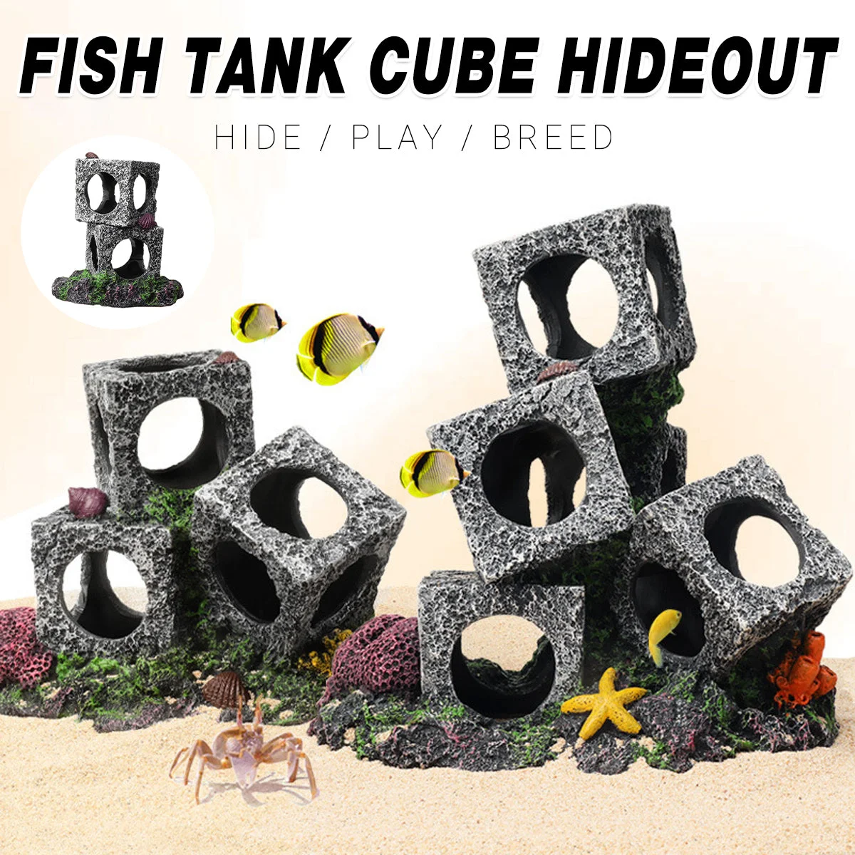Fish Tank Shrimp Shelter House Square Stone Cave Aquarium Breeding Hiding Decor - 3 Squares
