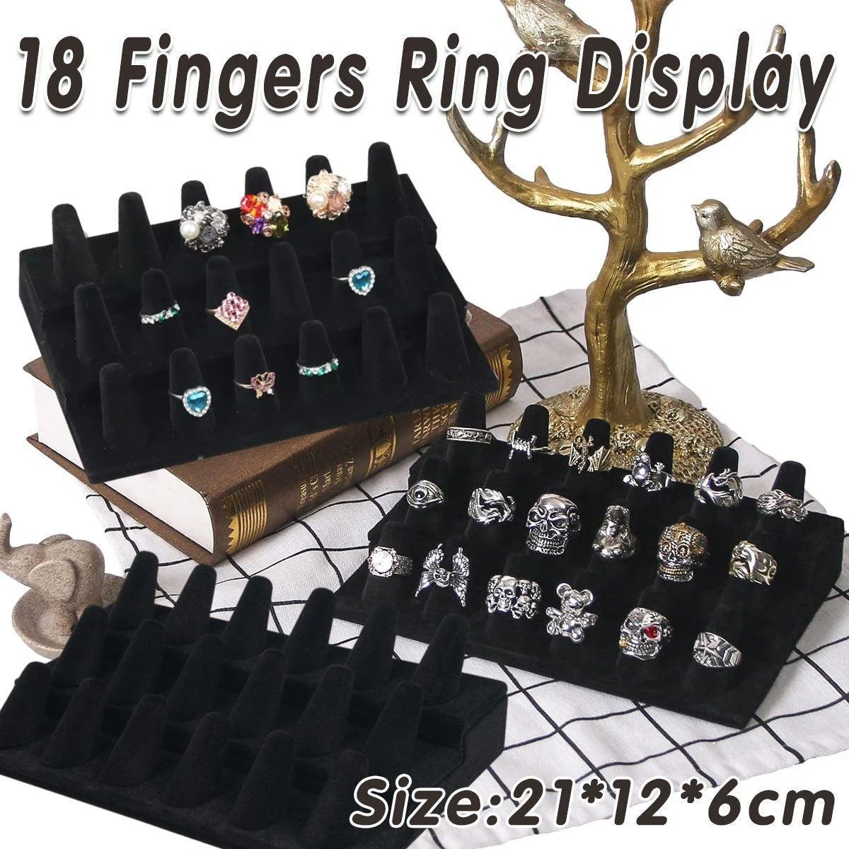 Three Layer Flocking Jewelry Display Stand 18 Finger Ring Organizer Holder