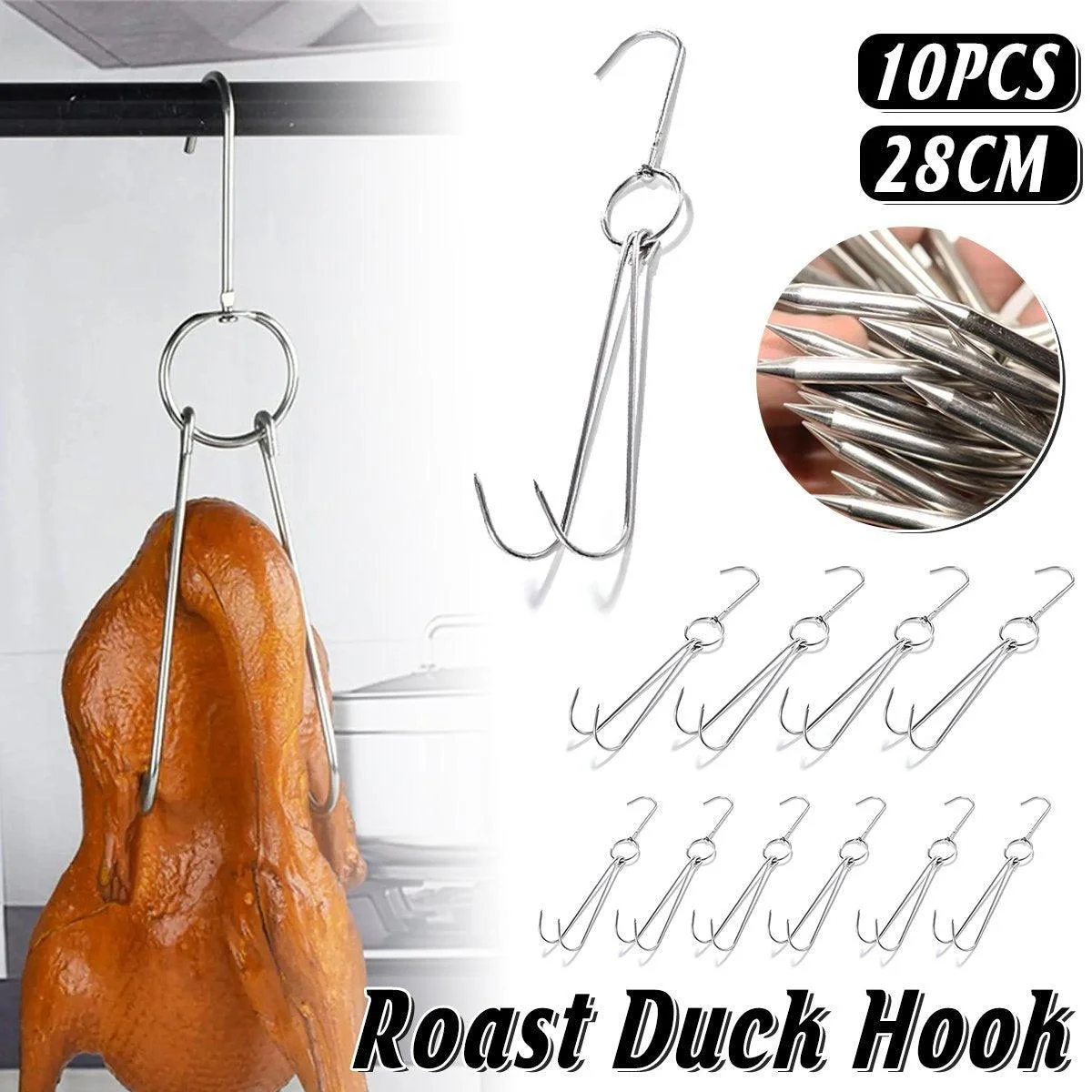 10PCS Stainless Steel Roast Duck Hooks Duty Double Hooks for Chicken Meat Goose