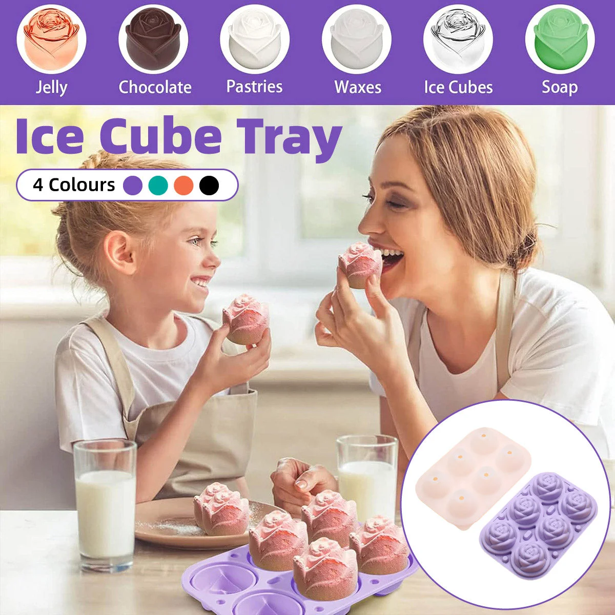 Large Ice Cube Tray Rose Maker Silicone Mold Whiskey Chocolate Jelly Mould DIY - Purple
