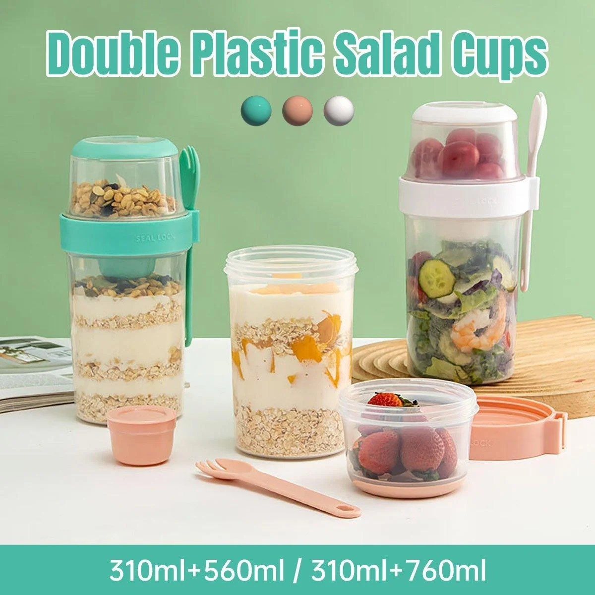 Double Plastic Salad Cup with Fork Sealed Breakfast Container for On-the-Go Meal - 560ml-Pink