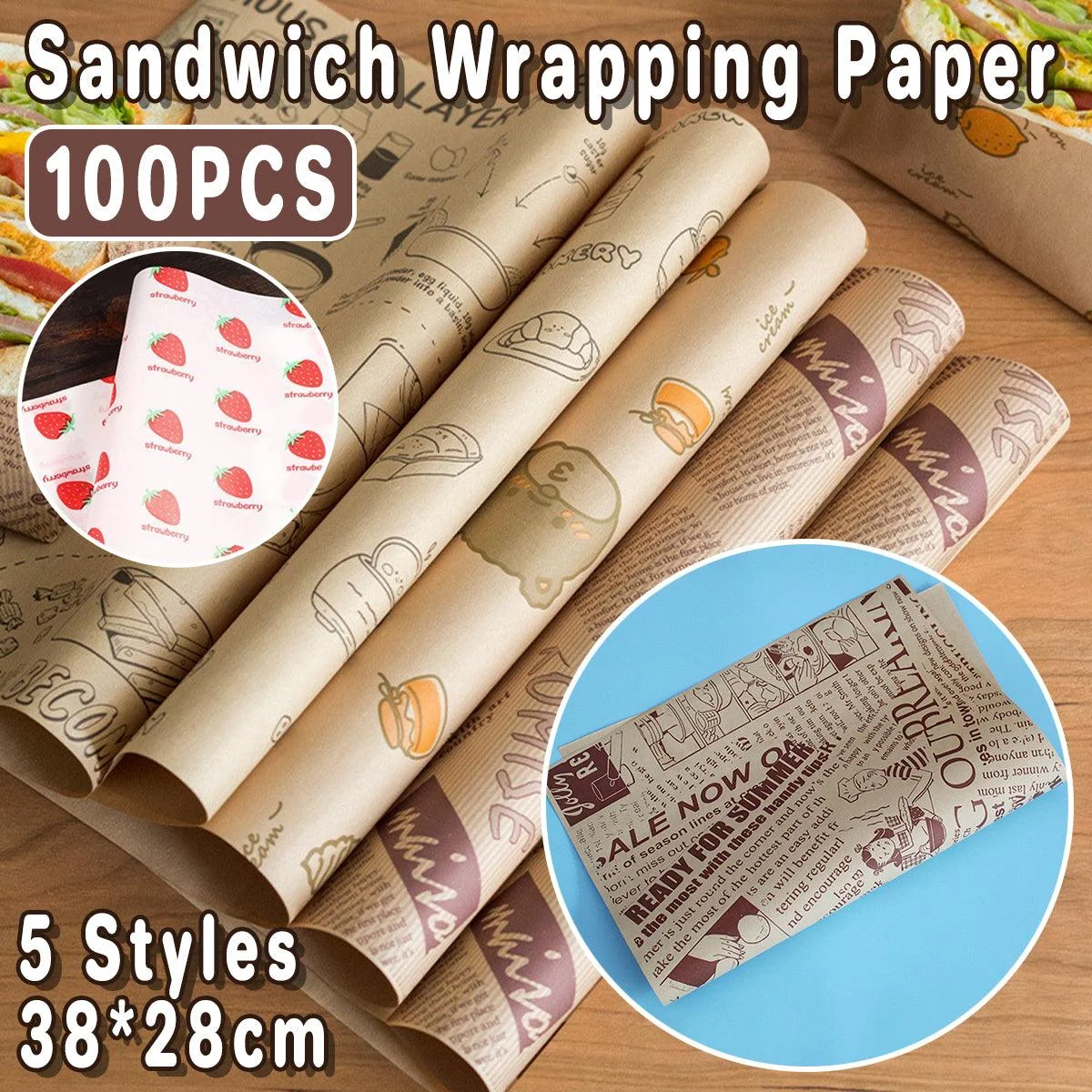 100pcs Sandwich Wrappers Oil Blotting Coated Paper Air Fryer Baking Parchment - Newspaper + Lemon Bear (Mixed)