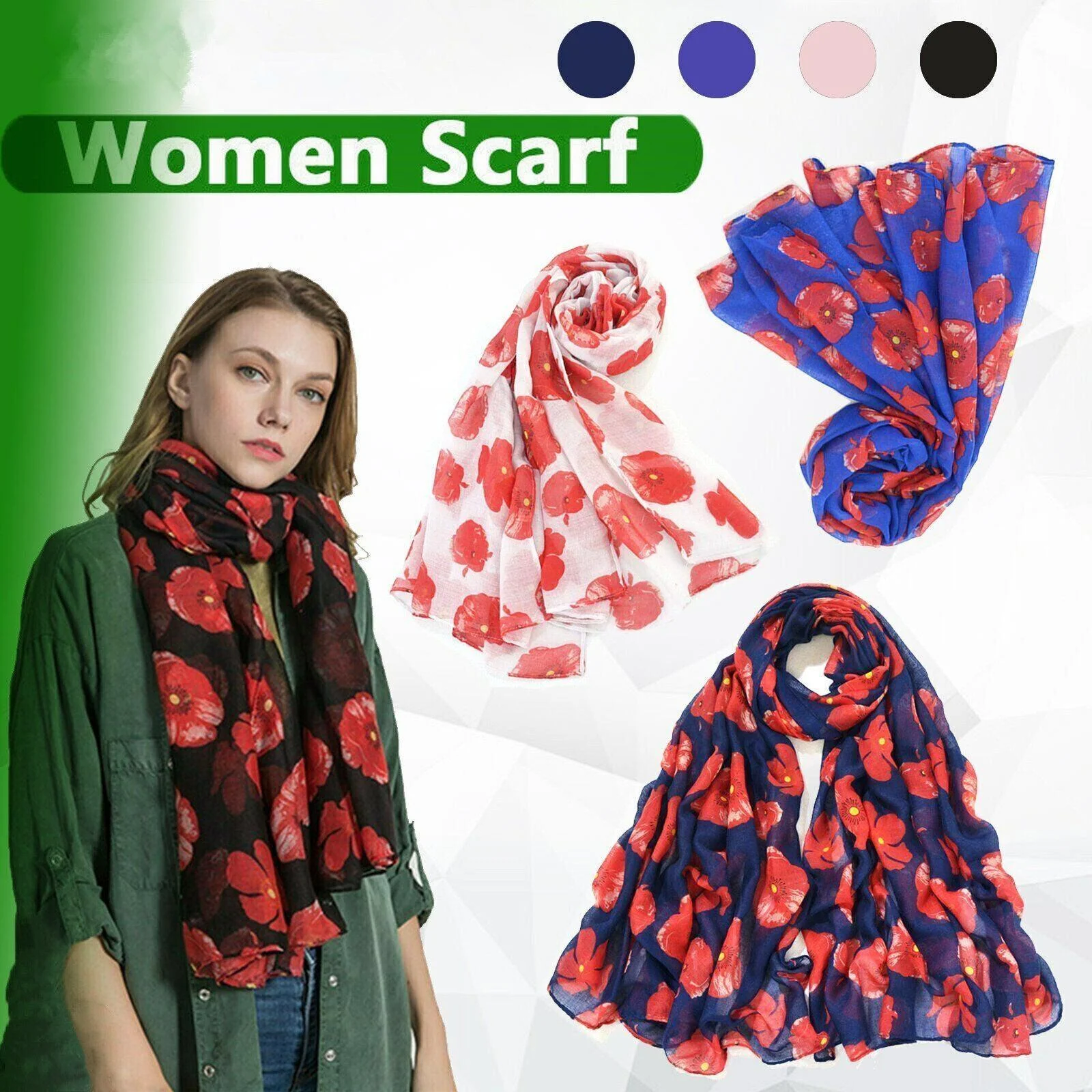 Women Ladies Poppy Print Floral Scarf Remembrance Day Poppies Scarves Wrap Shawl - White