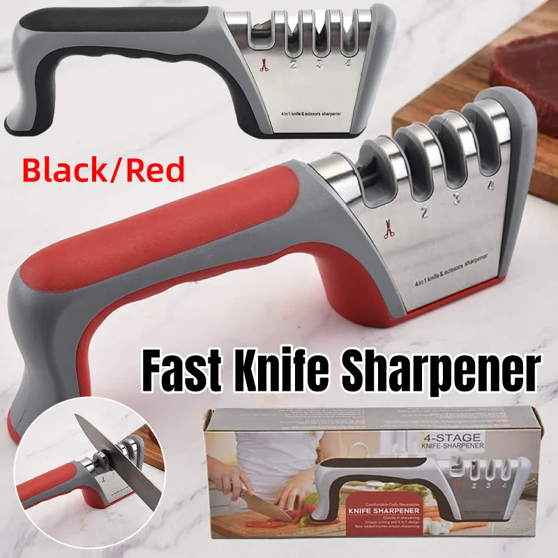Four Stage Knife Sharpener Multifunction Kitchen Blade Sharpening Tool Quick Use - Red