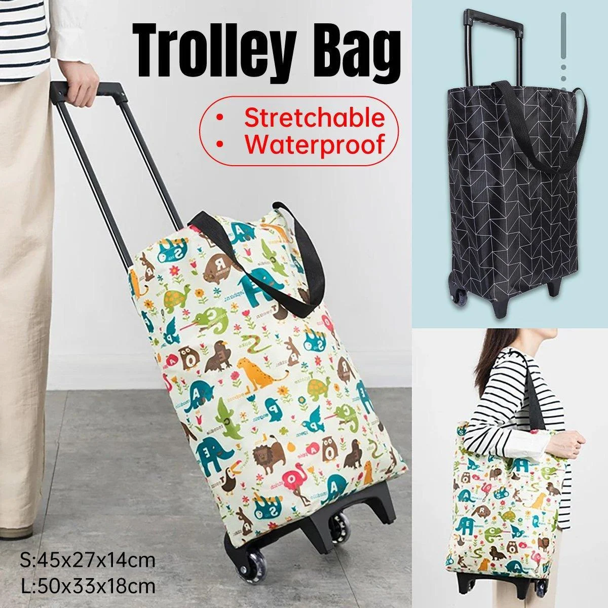 Lightweight Folding Shopping Cart Trolley with Wheels Retractable Tote Bag - Black-Big