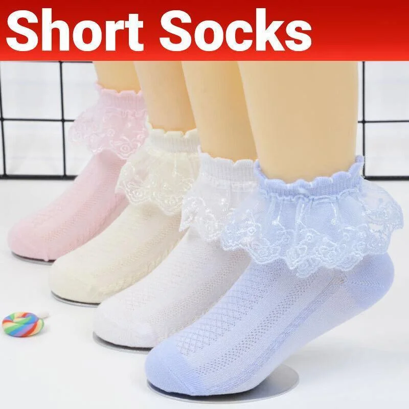 Lace Ruffle Frilly Short Socks for Girls Ankle Length M Size Fits 4-6 Years - Pink