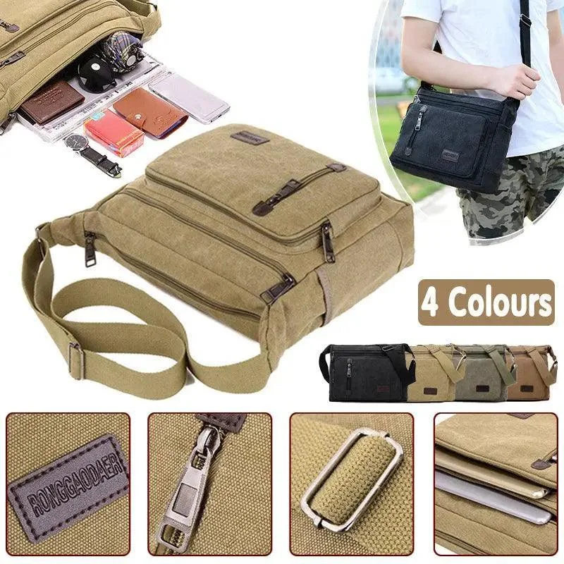 Retro Canvas Messenger Shoulder Bag for Men Travel Crossbody Satchel with Zippers - Coffee