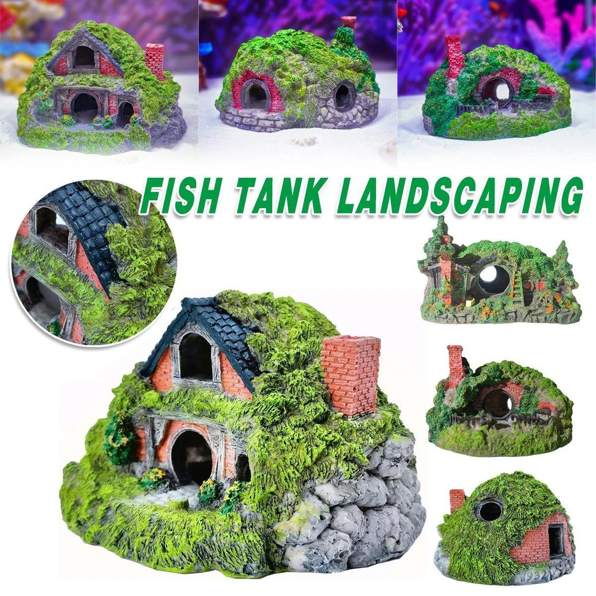 Resin Grass House Aquarium Ornament Natural Fish Tank Decoration Hideaway - B