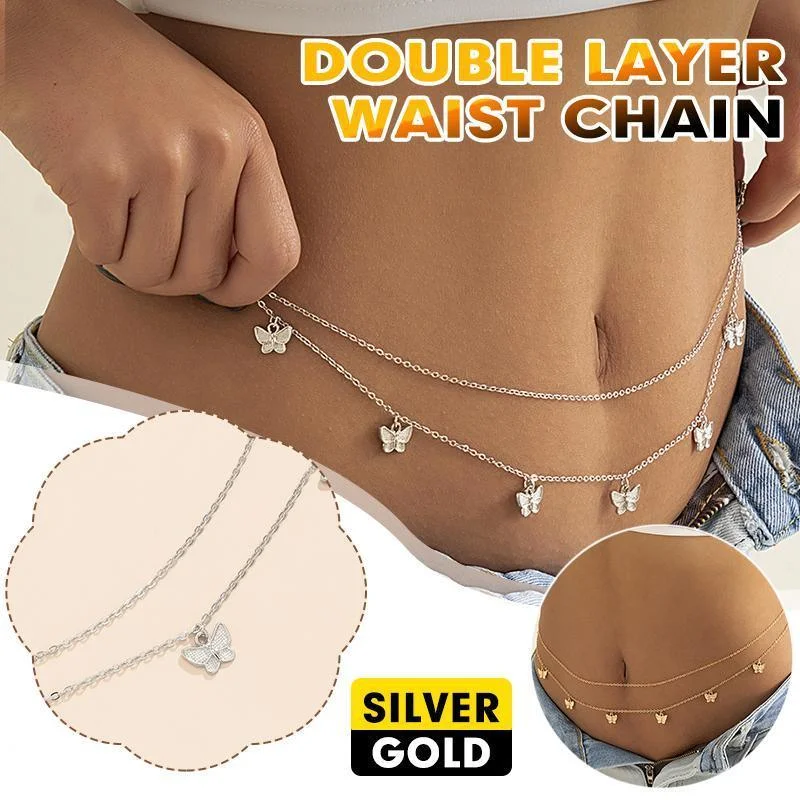 Waist Chain Tassel Butterfly Pendant Double Layer Ladies Body Chain - White