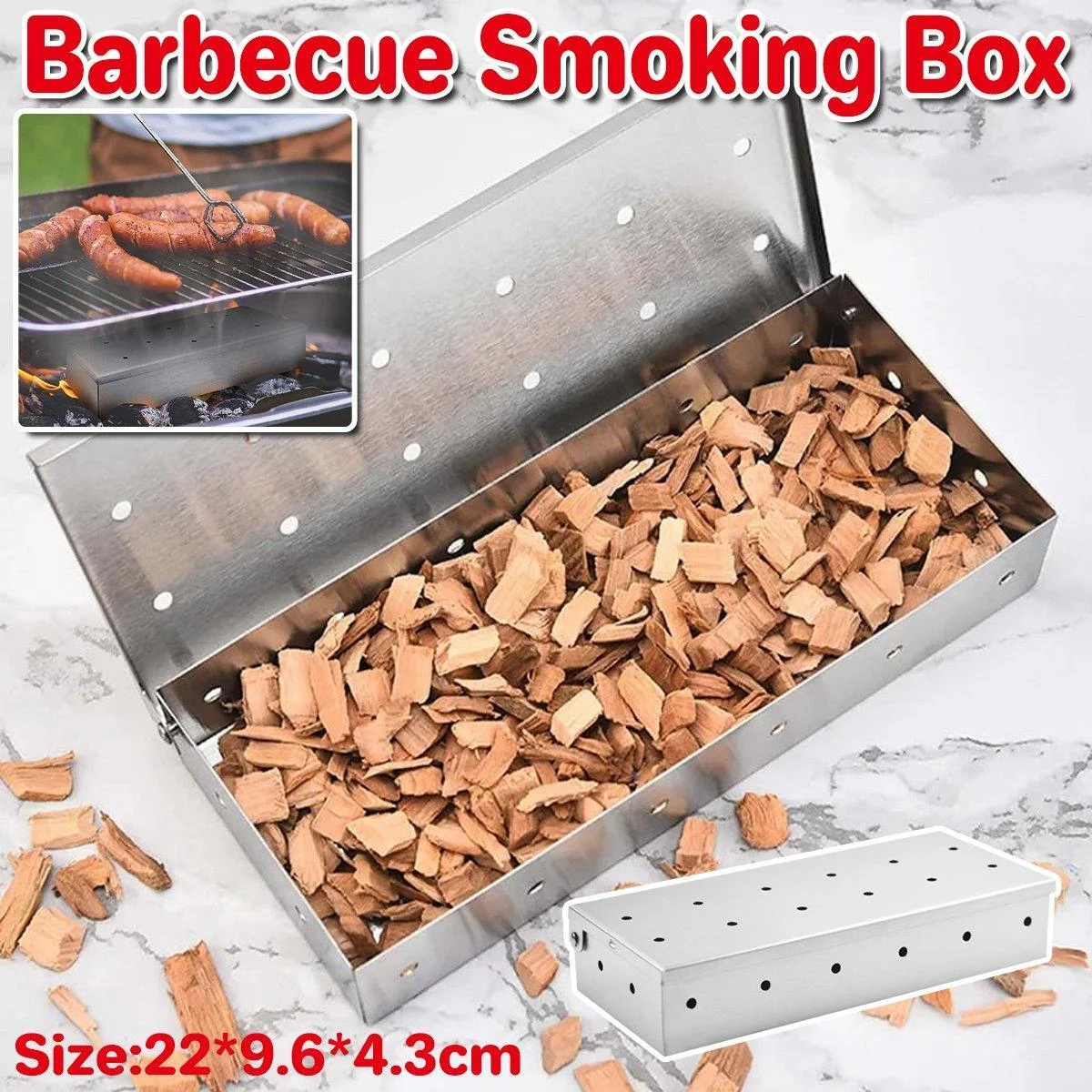 Stainless Steel Smoke Box Barbecue BBQ Smoking Wood Chip Smoker Grill Tool Box