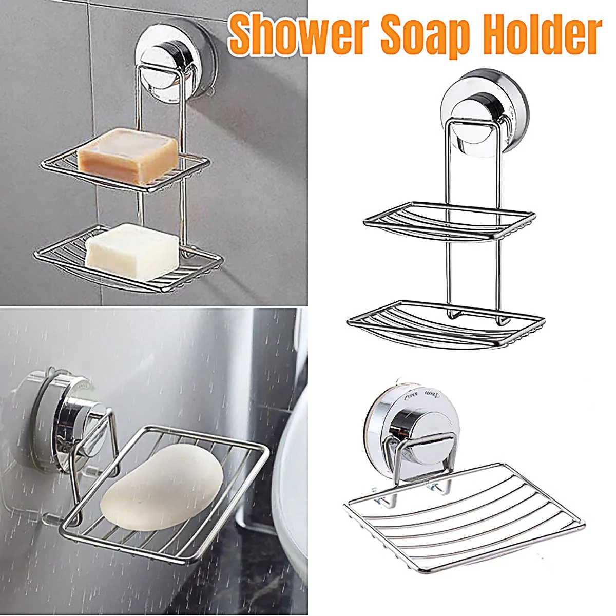 Shower Bar Holder Suction Basket Wall Mounted Stainless Steel Bathroom Soap Dish - Single Layer