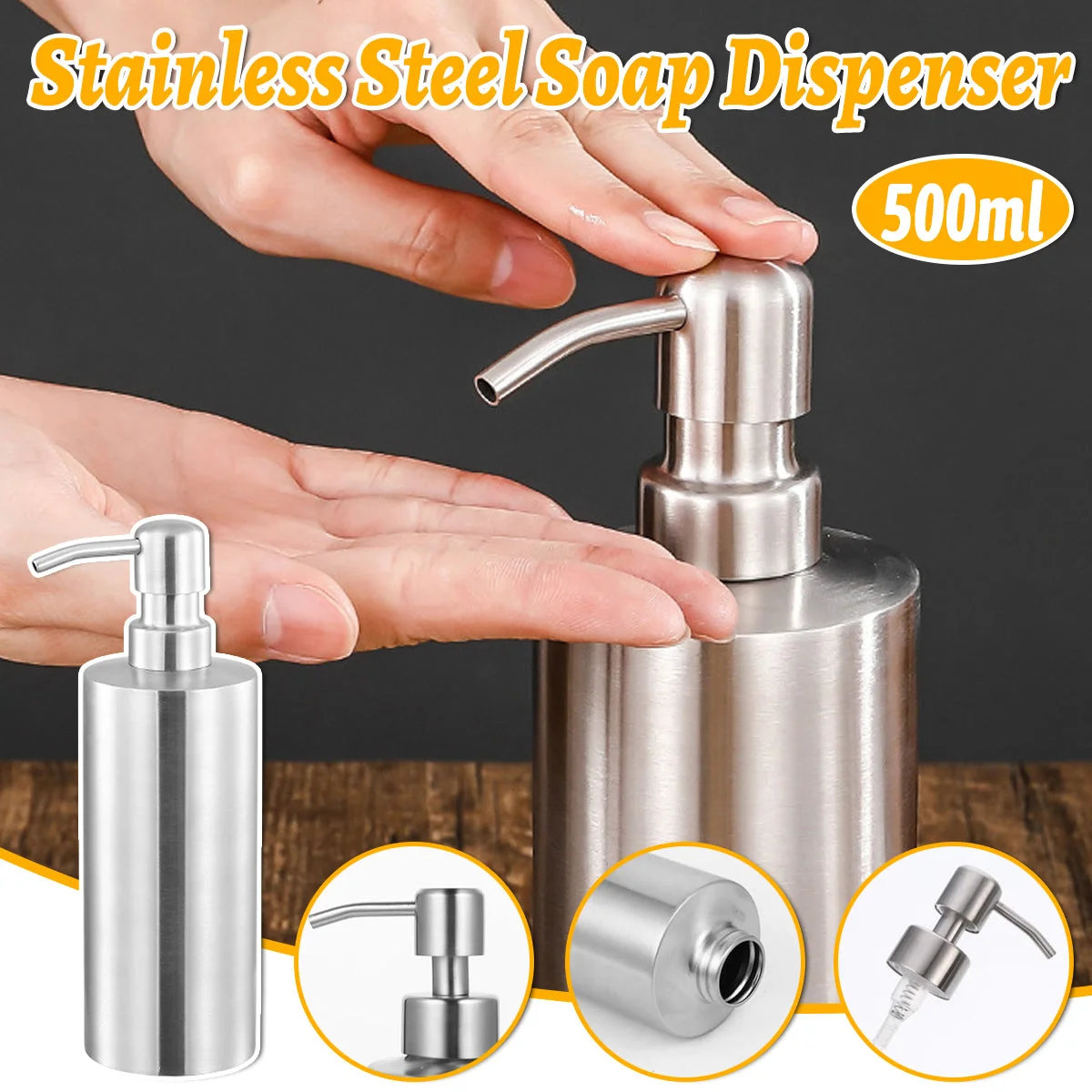 Soap Dispenser 500ml Stainless Steel Pump Silver Bathroom Liquid Container