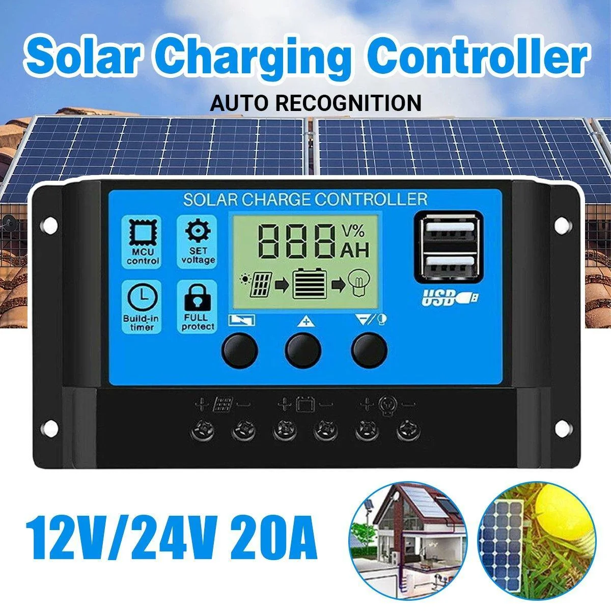 20A Solar Charge Controller 12V 24V LCD 2 USB Ports Lead-Acid Regulator