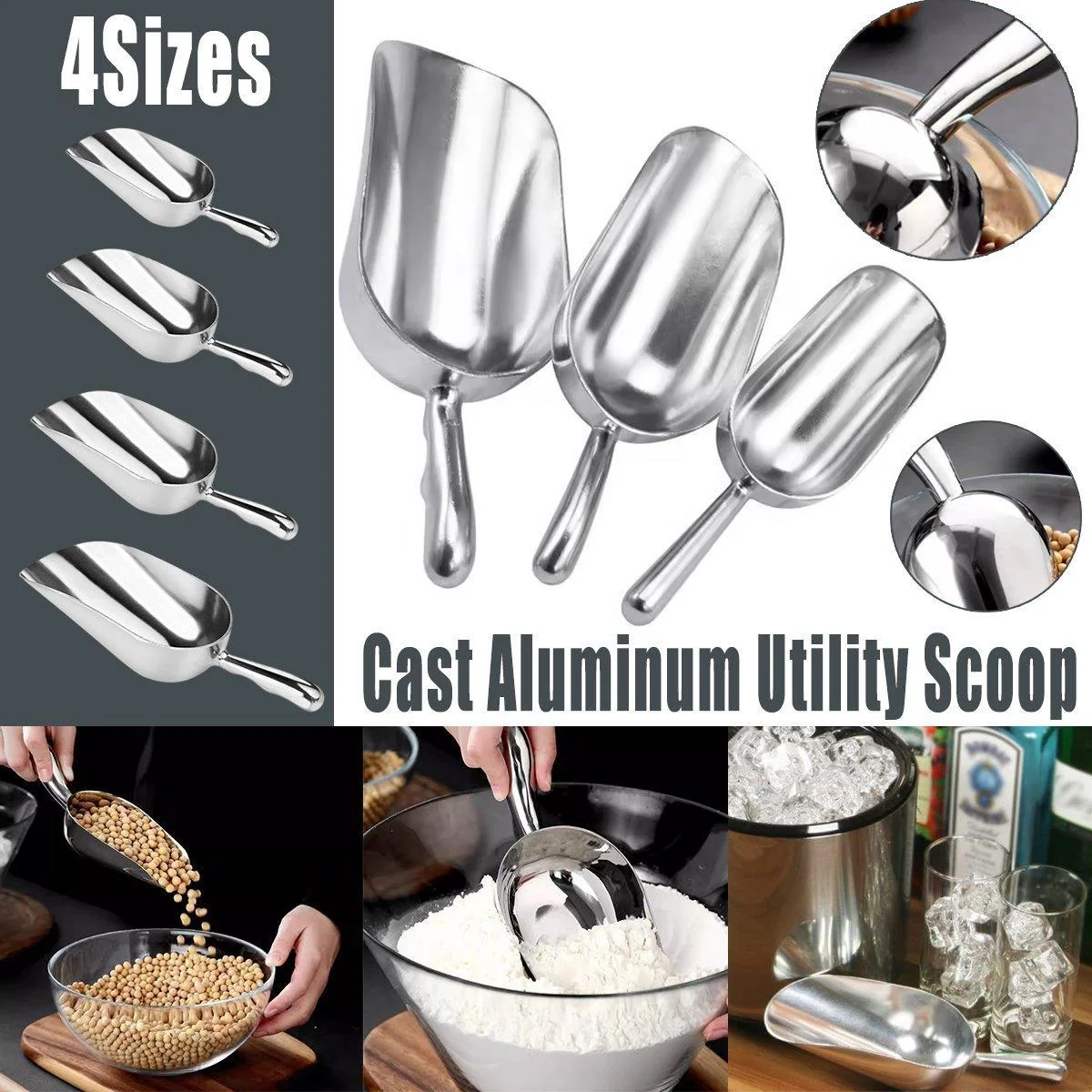 4 Sizes Aluminum Alloy Ice Shovel Flour Rice Scoop Multipurpose Kitchen Tool - M