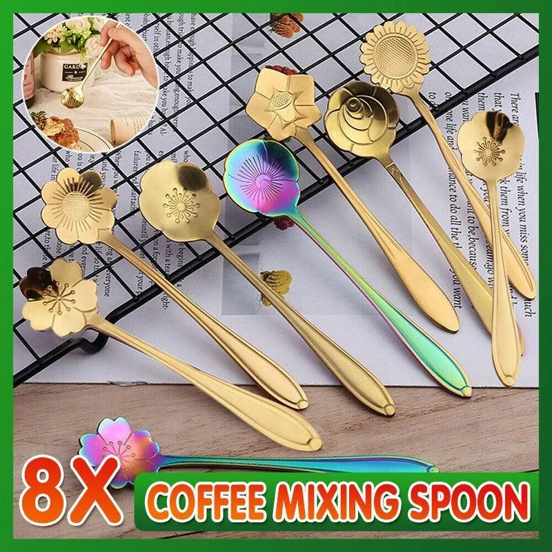 8X Spoon Long Handle Dessert Tea Coffee Mixing Spoon Stainless Steel Teaspoon - Rainbow