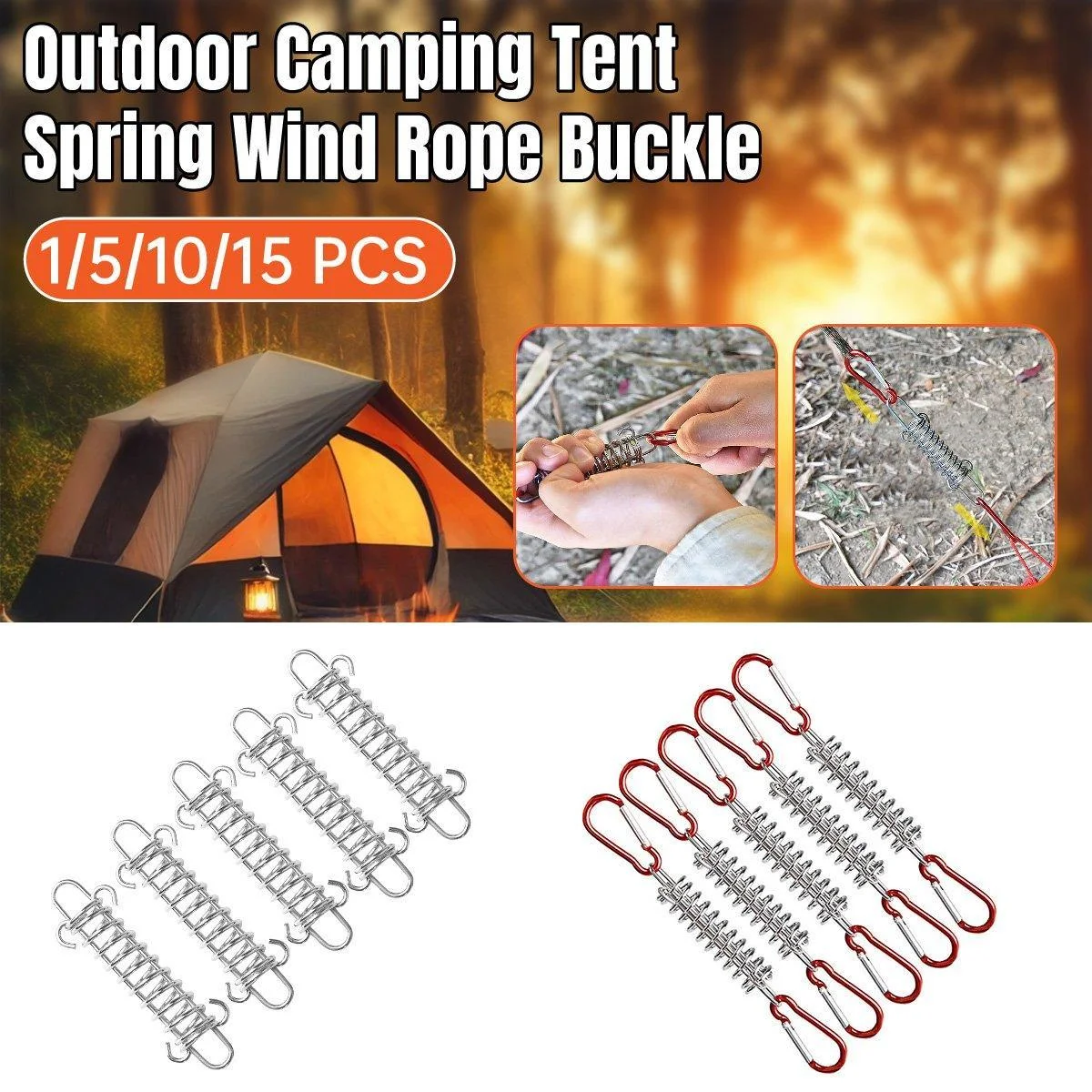 1-15PCS Outdoor Camping Tent Spring Wind Rope Buckle Fix Hook Buckles Silver Red - 5pair