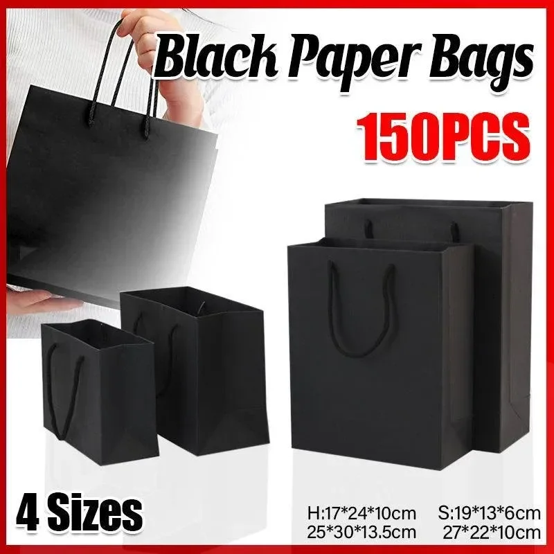 150Pcs Bulk Black Paper Bags Gift Shopping Carry Craft Bag With Cutton Handles - 17*24*10cm