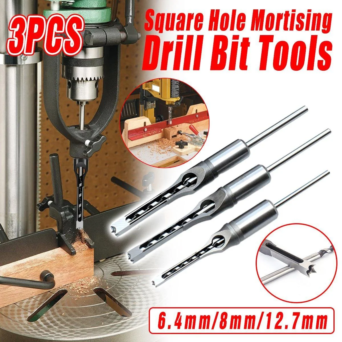 3x Square Hole Mortising Chisel Drill Bit Woodworking Saw Tools for Drilling