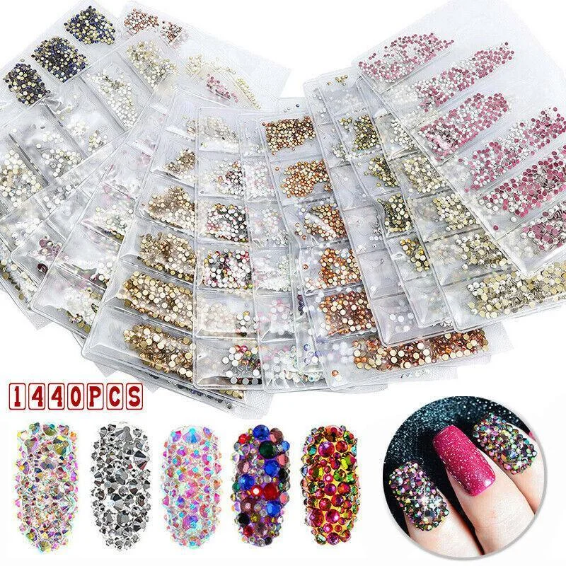 1440Pcs Glitter Rhinestones Crystal Clear Flat Bottom Glass Nail Art Nail Drill - Blue