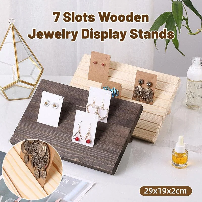 Wooden Earrings and Studs Display Rack Jewellery Organizer Stand 7 Slots Storage - Beige