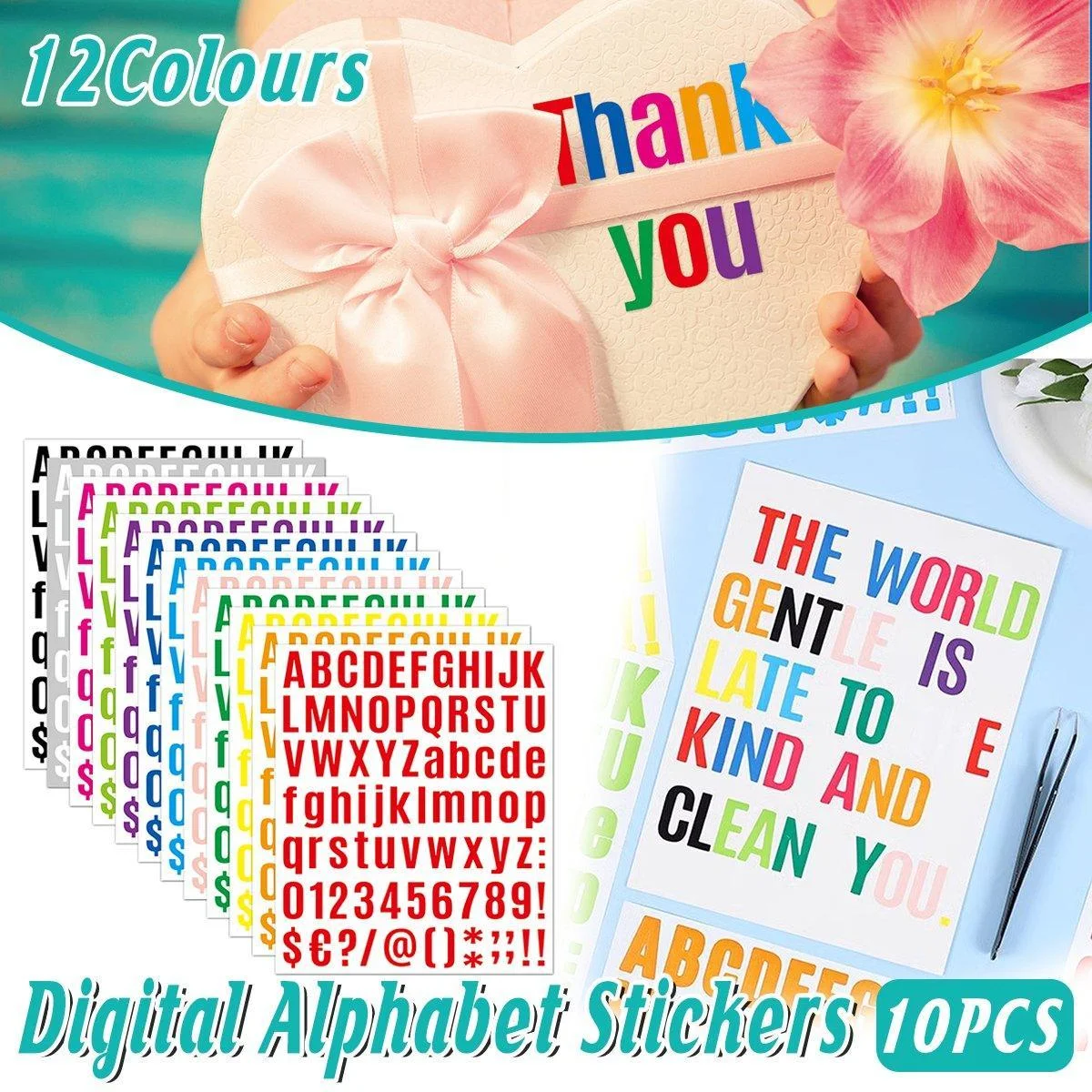 10pcs Letter Stickers Colorful DIY Scrapbooking Water Bottle Greeting Cards - Yellow