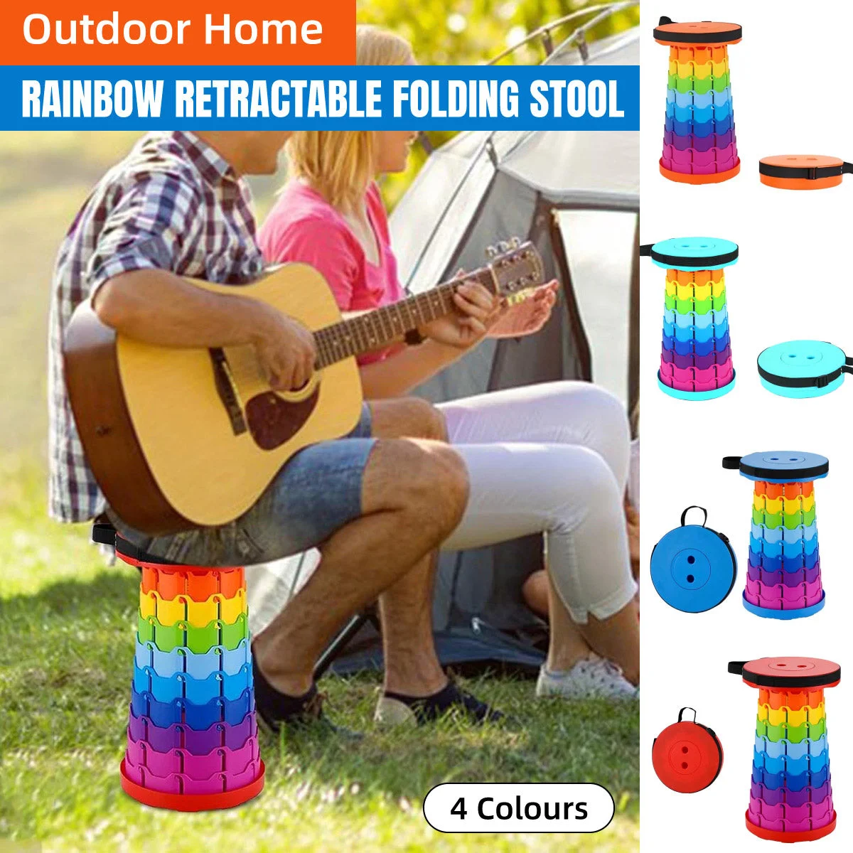 Rainbow Telescopic Folding Stool Thickened Travel Outdoor Seat for Camping - Red