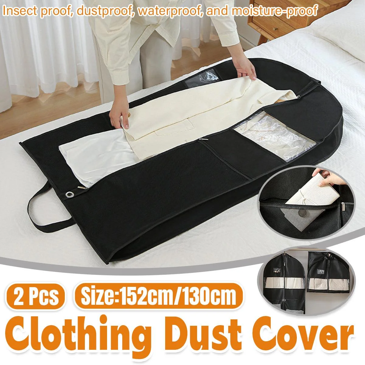2pcs Hanging Closet Garment Dust Cover Storage Bag Clothes Protector Organizer - 150CM