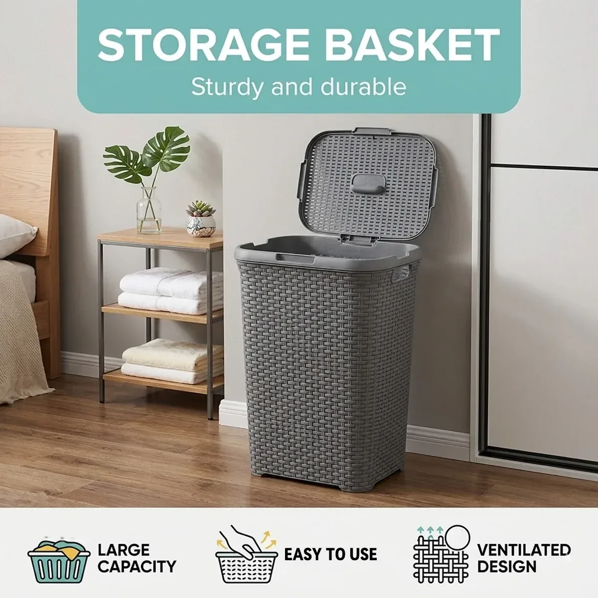 Laundry Basket Plastic Rattan Style Large Capacity Clothes Toy Storage Organizer