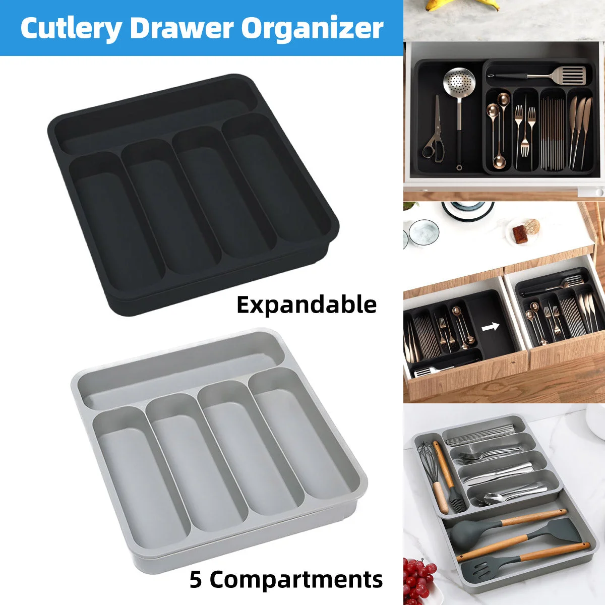 Expandable Cutlery Drawer Organizer Adjustable 6 Slot Kitchen Utensil Tray - Black