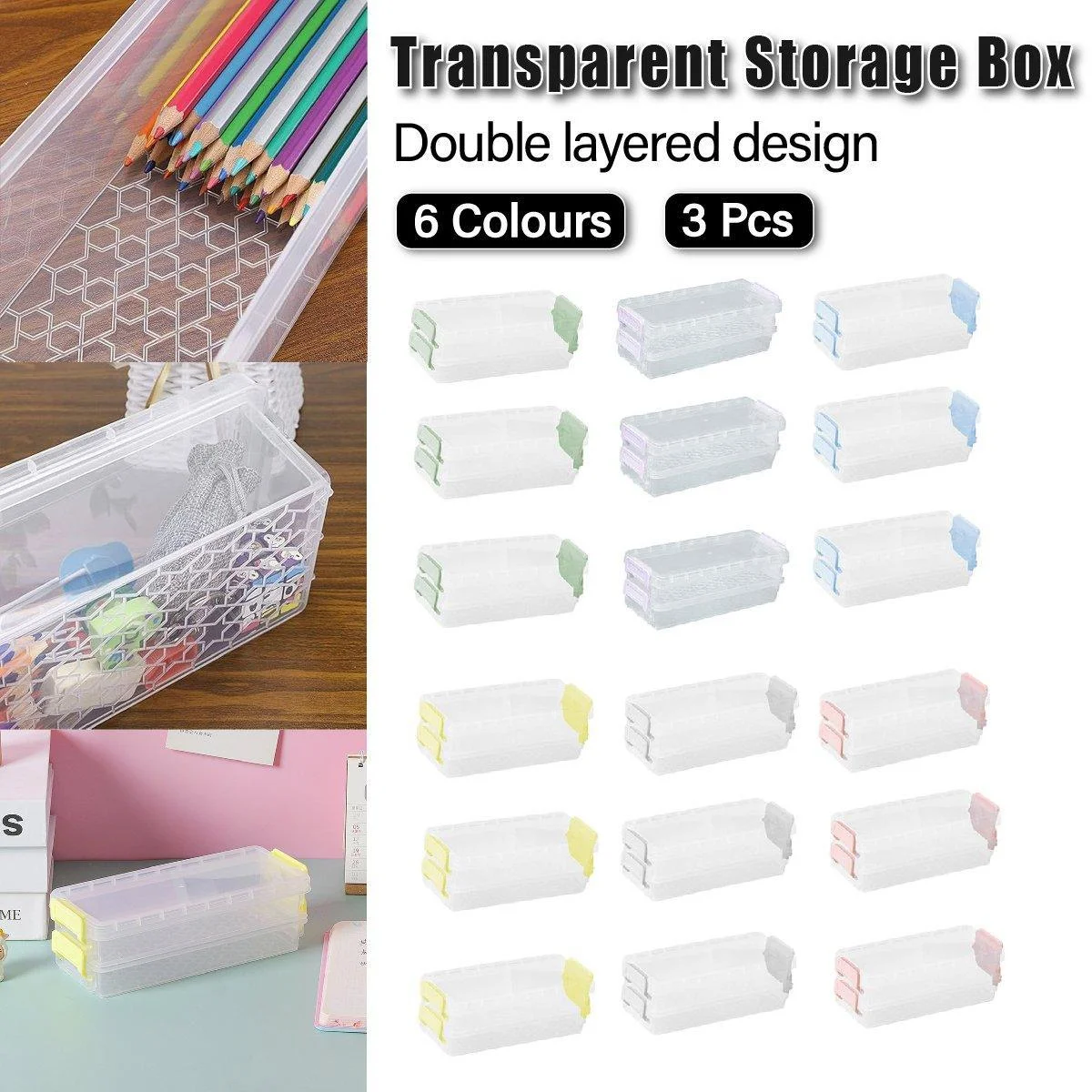 3PCS Clear Plastic Desktop Storage Box 2 Layer Holder DIY Stationery Pencil Case - Grey
