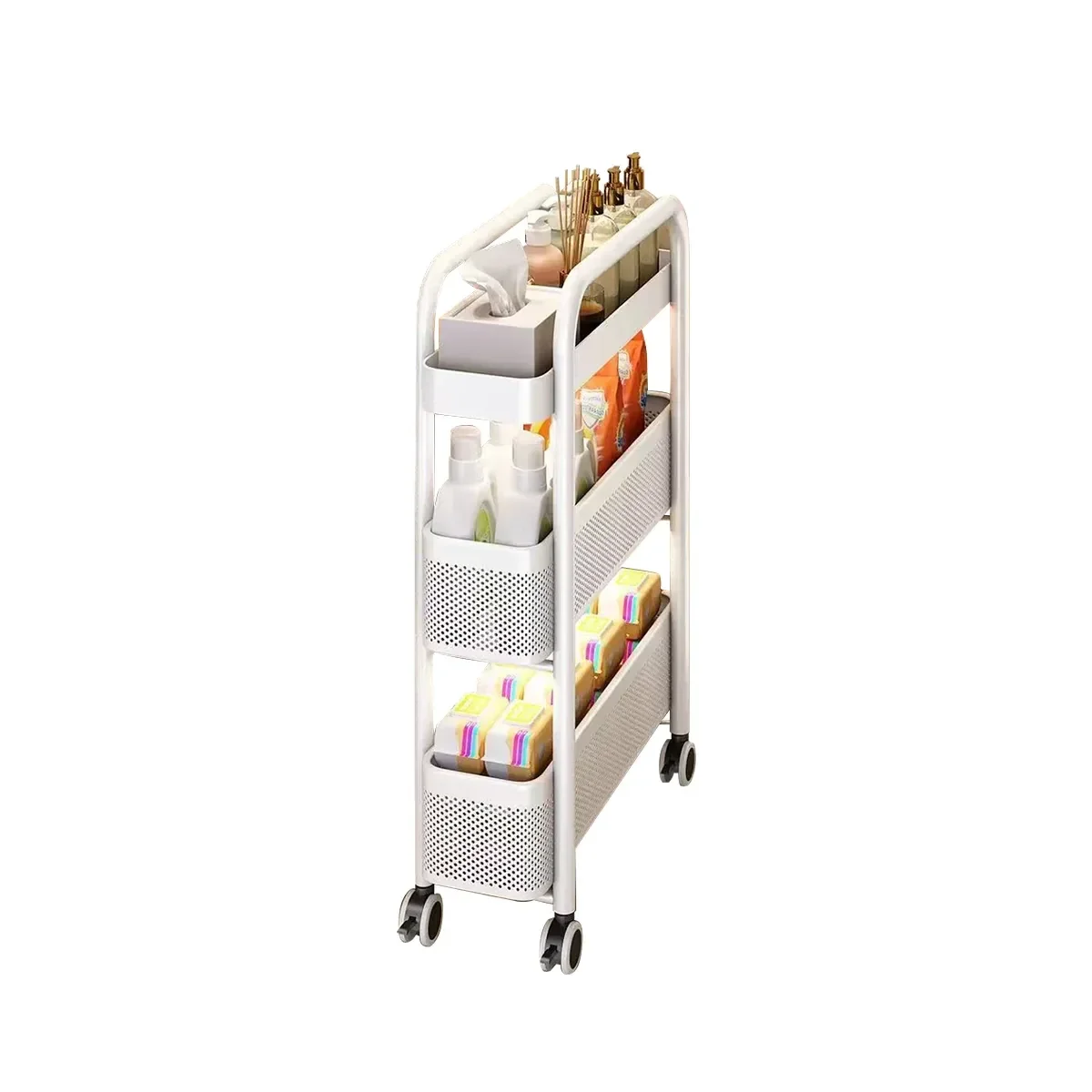 3-Tier Slim Pull-Out Storage Trolley - Gap Cabinet Kitchen Organiser on Wheels - White