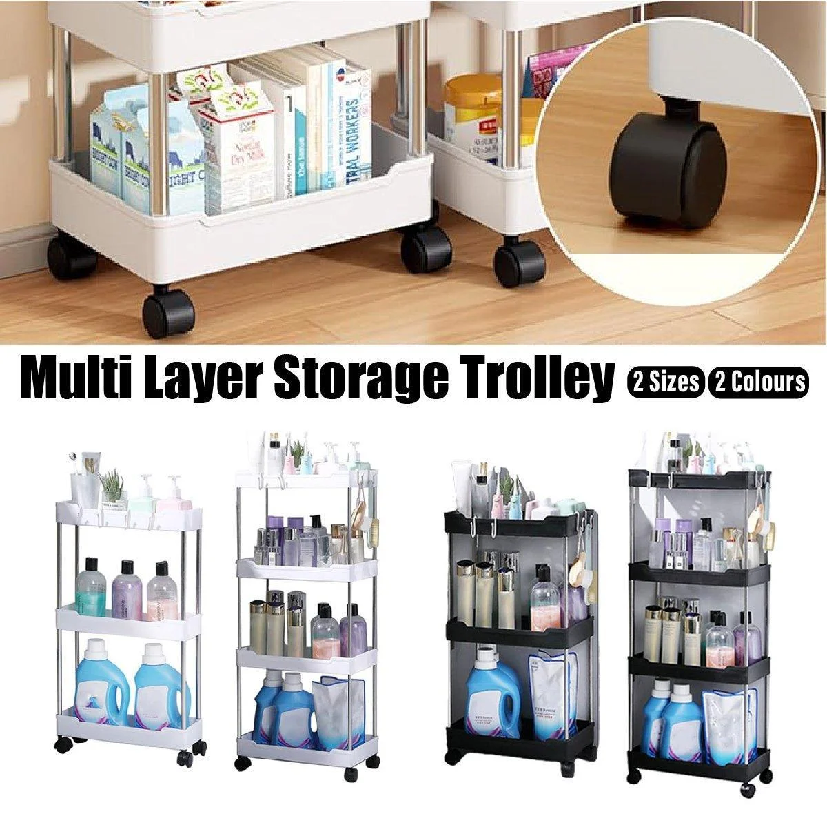 Multi Layer Rolling Storage Cart Kitchen Bathroom Organizer Shelf with Wheels - 3-Black