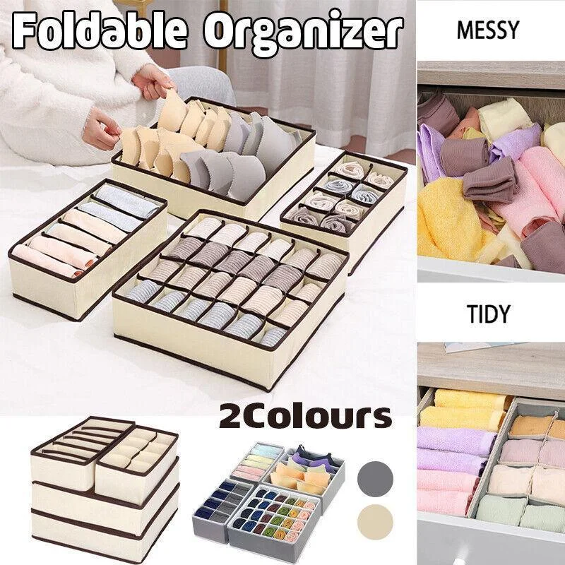 Drawer Organizer Set Foldable Storage Box Divider for Bra Underwear Closet 4pcs - Beige