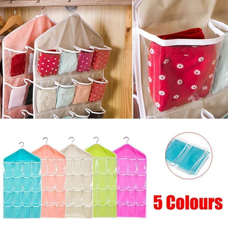 16 Pockets Hanging Wardrobe Storage Organizer Bag for Socks and Underwear - Green