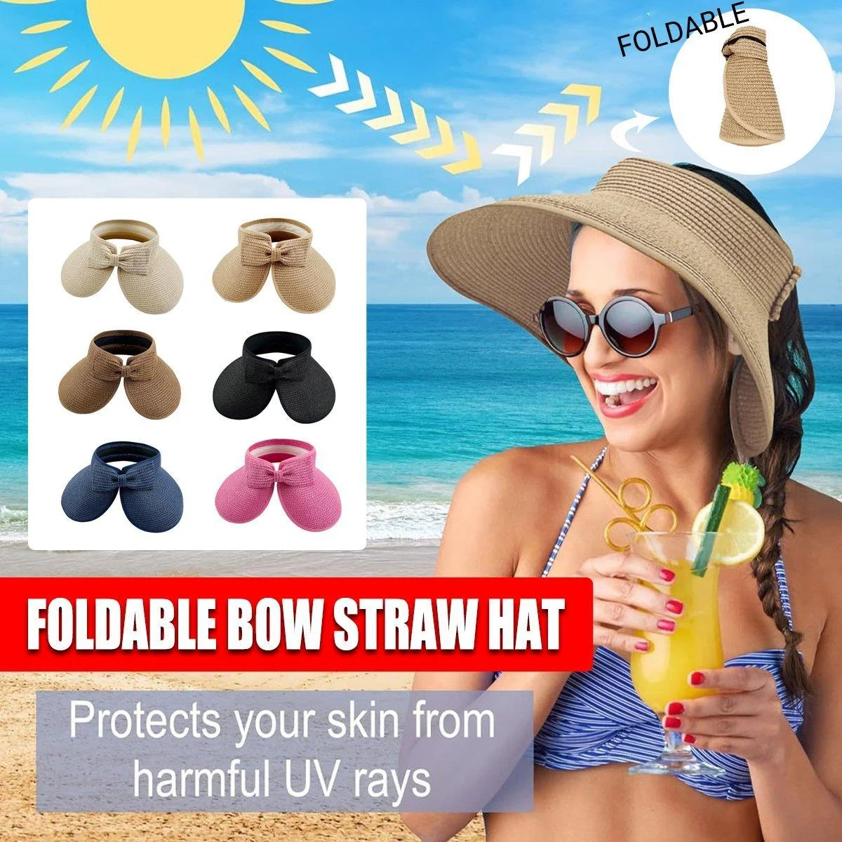 Women Roll Up Sun Visor Wide Brim Straw Hat Summer Foldable UV Protection Cap - Dark Brown