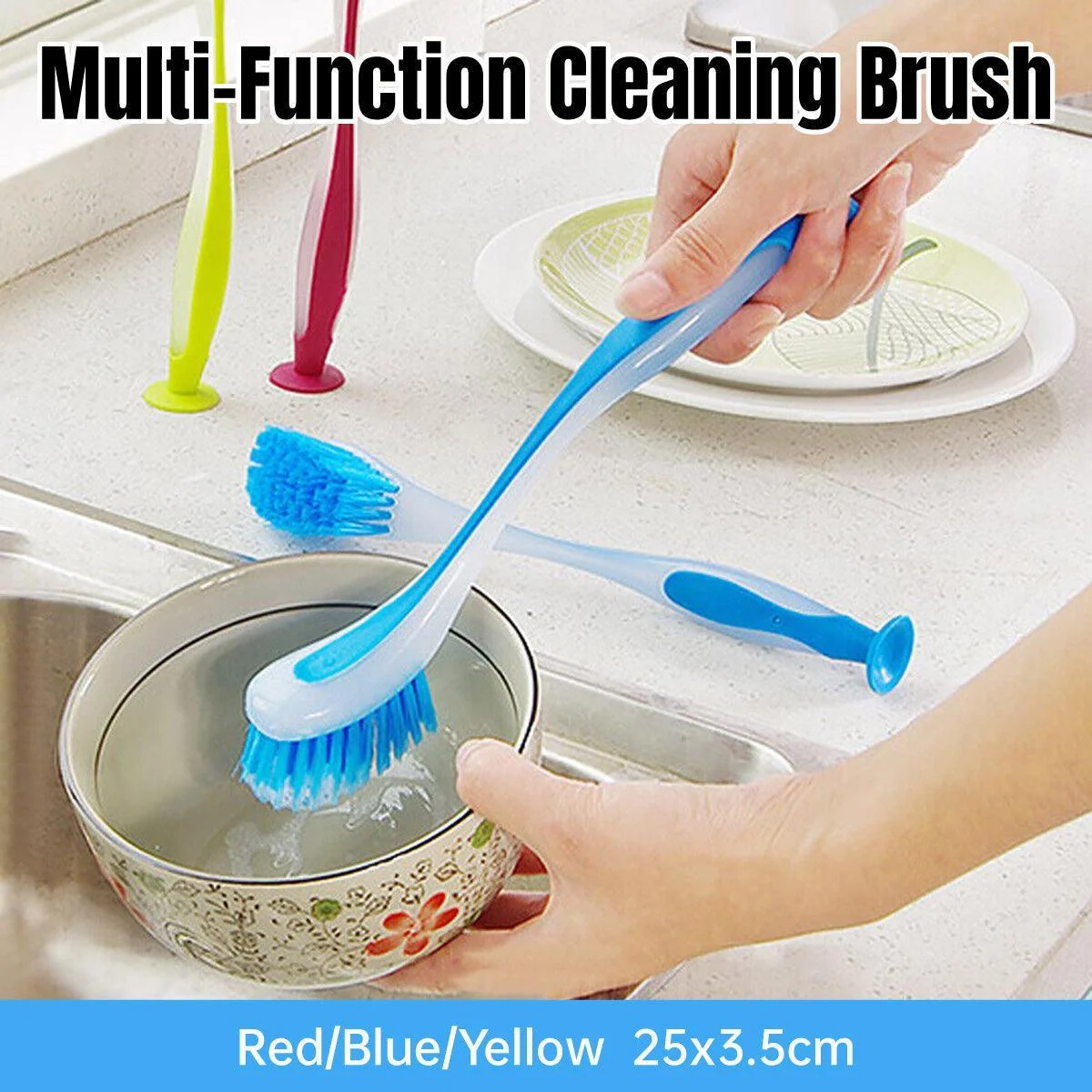 Multi Functional Long Handle Cleaning Brush Vertical Suction Kitchen Brush - Red