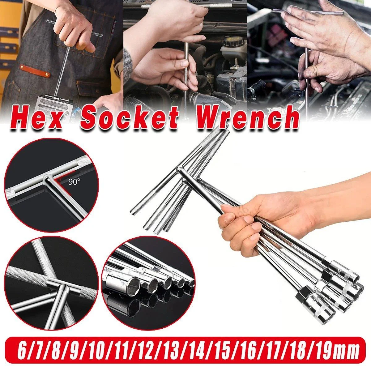 6-19mm Steel T Shaped Hex Wrench Hand Tool Spanner Socket Adapter Repair - 15mm