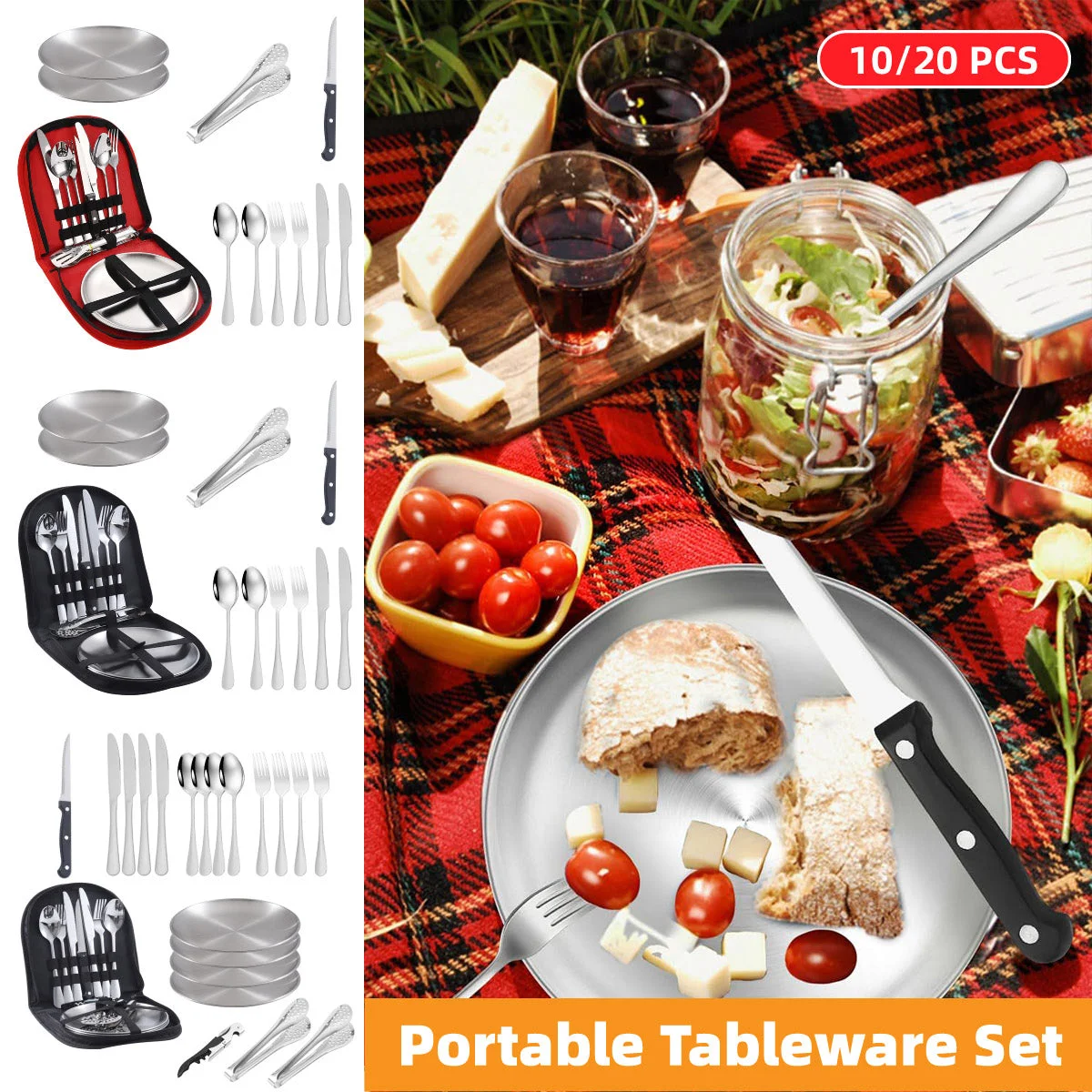 10/20PCS Camping Cutlery Set Outdoor Picnic Utensils Plates Spoons Forks Knives - Red-2 People