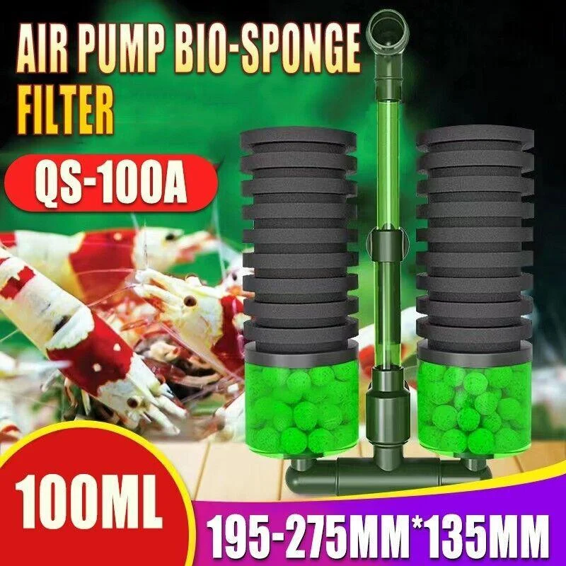 Double Head Aquarium Sponge Filter with Bio Media Box for Shrimp Breeding Tanks