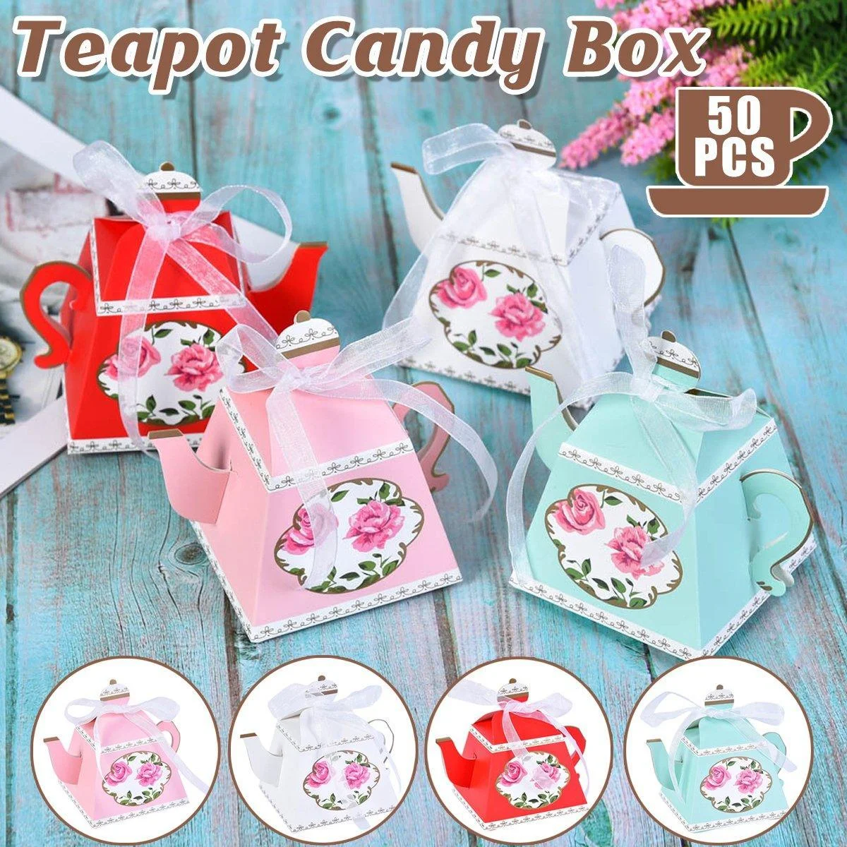 50Pcs Teapot Candy Boxes Wedding Favor Gift Packaging Tea Party Decorations - Pink