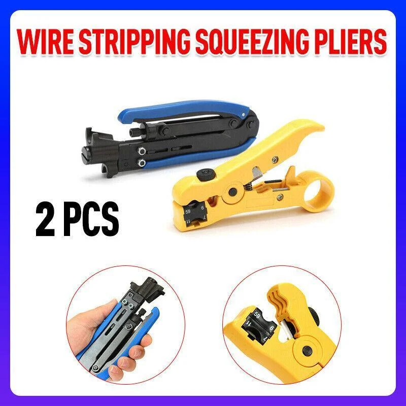 2pcs Coaxial Cable Crimper and Wire Stripper Tool Kit for RG6 RG59 RG11 F Type